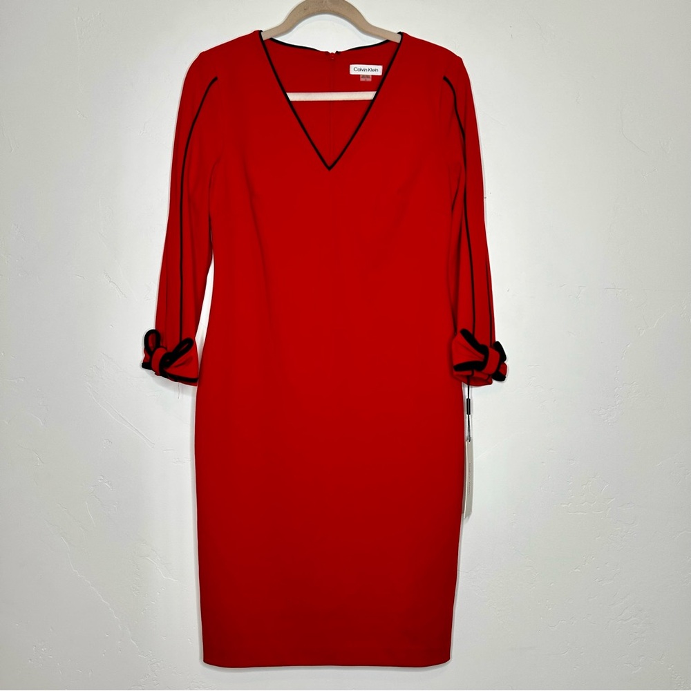 NWT Calvin Klein Red 3/4 Sleeve Sheath Midi Dress Bow Details Size 10 Holiday - Picture 1 of 14